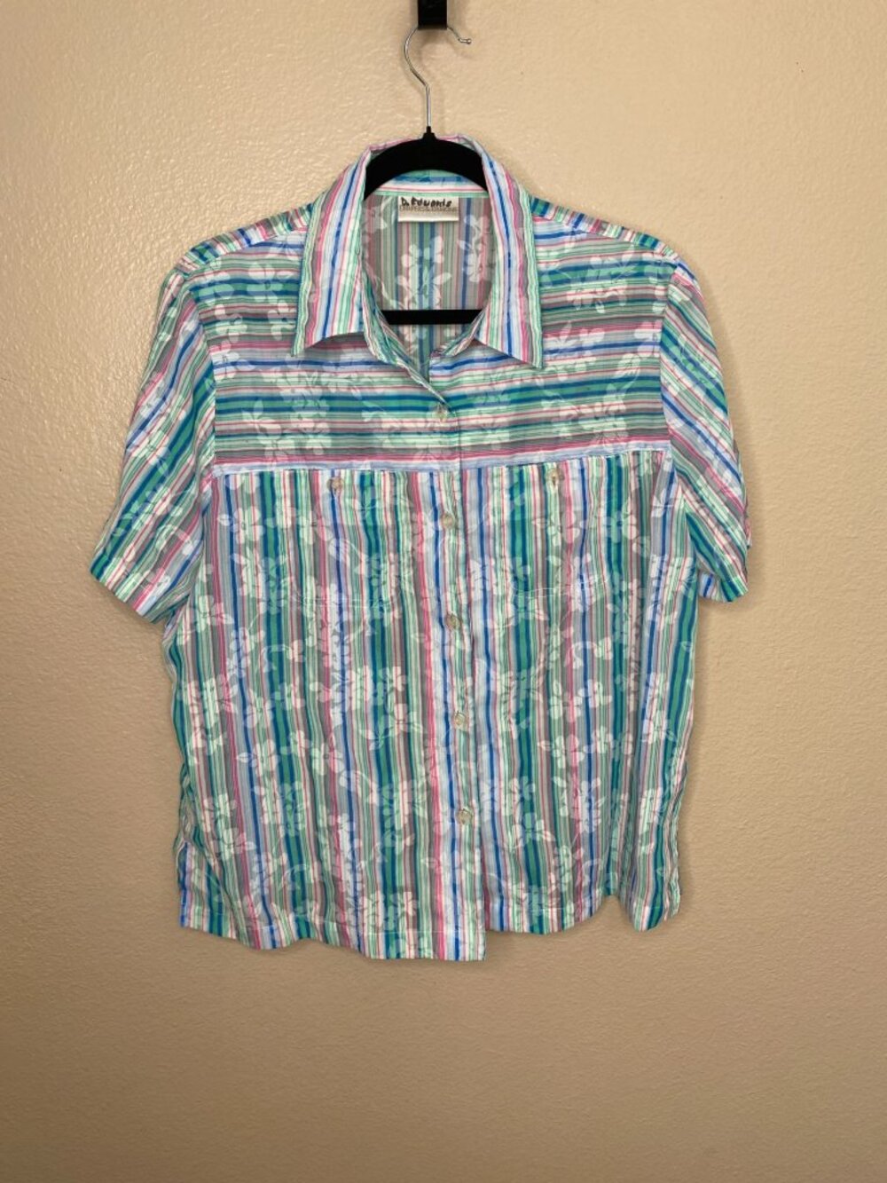 Vintage Drapers & Damons Womens Button-Up Striped Floral Short-Sleeve Shirt